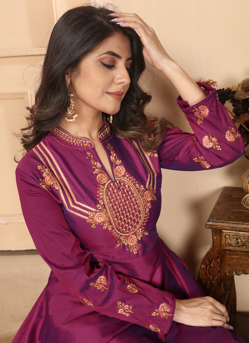 Wine Silk Embroidered Gown For Festival