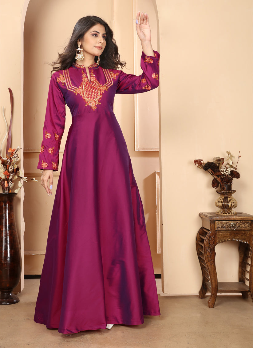 Wine Silk Embroidered Gown For Festival