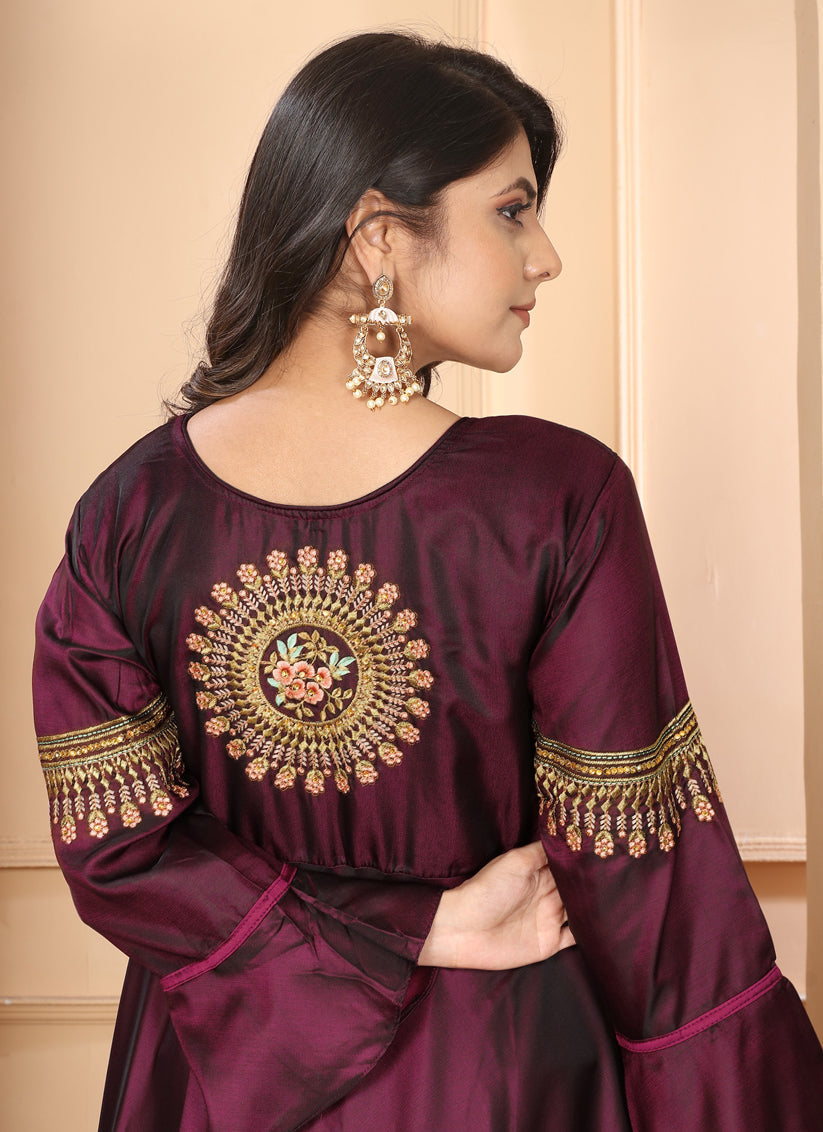 Maroon Silk Embroidered Gown For Festival