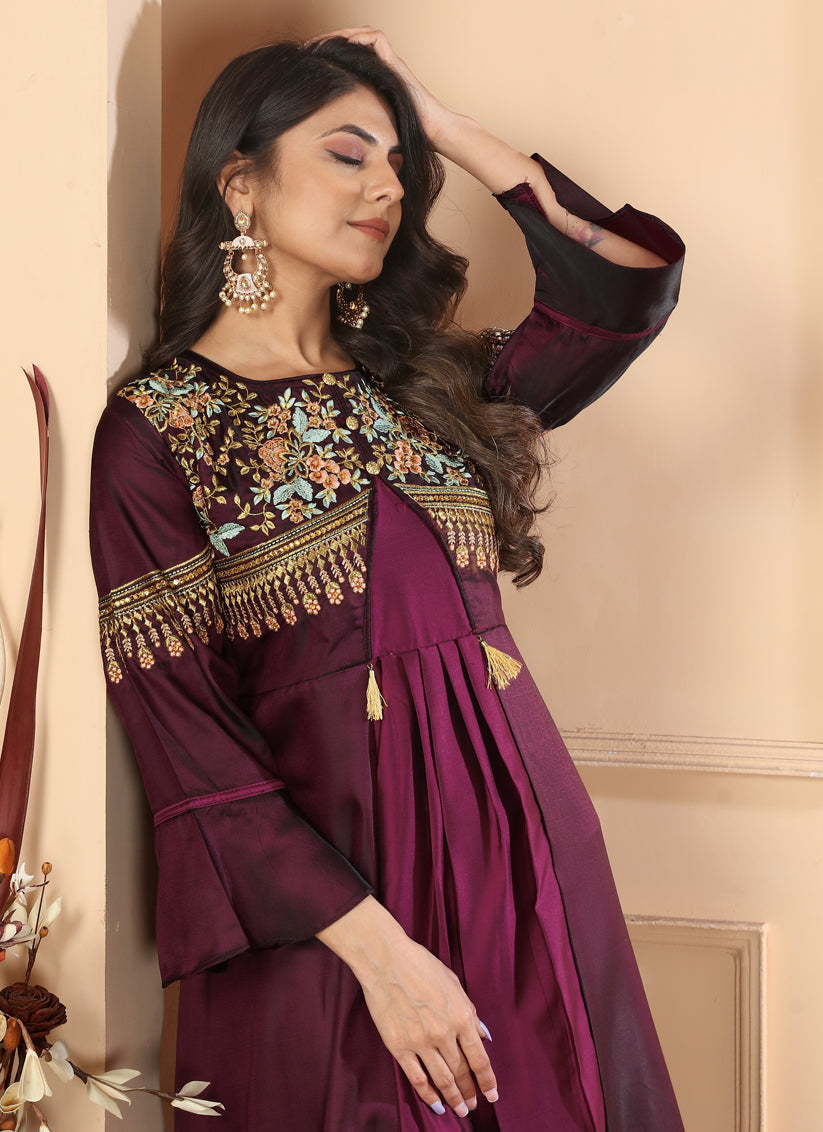 Maroon Silk Embroidered Gown For Festival