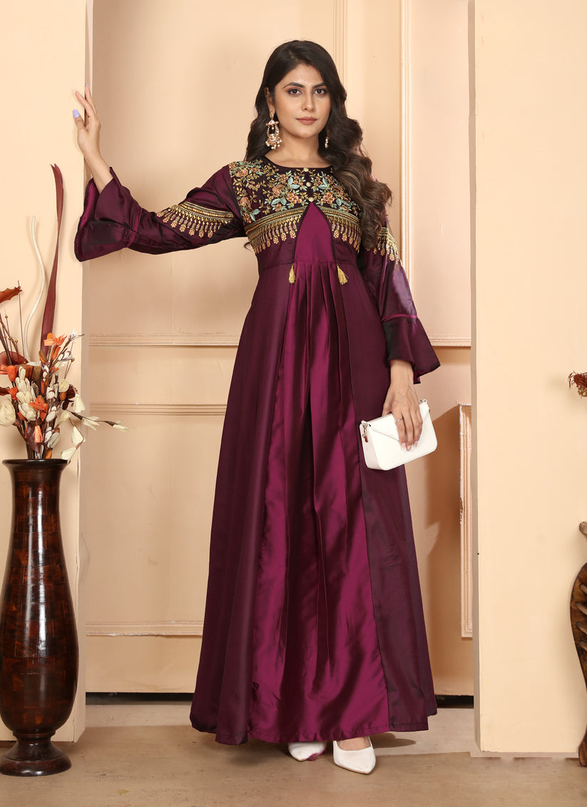 Maroon Silk Embroidered Gown For Festival