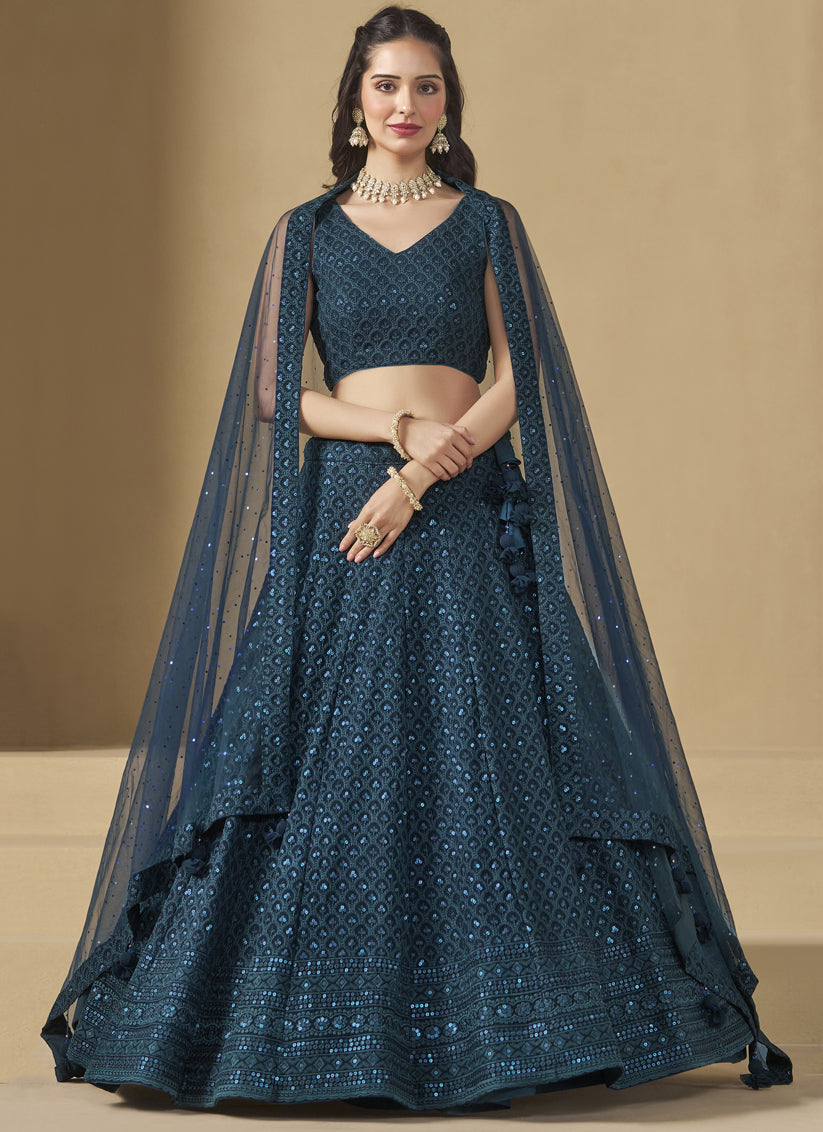 peacock blue sequins georgette embroidered lehenga choli