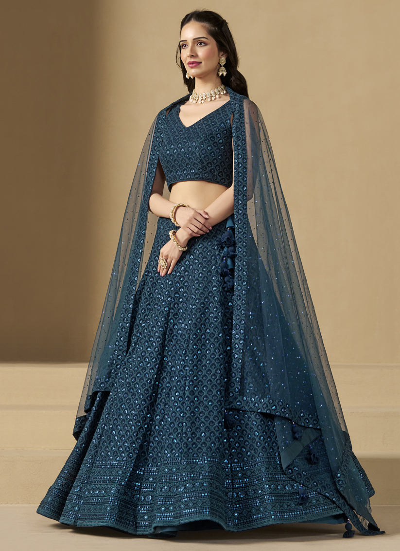 peacock blue sequins georgette embroidered lehenga choli