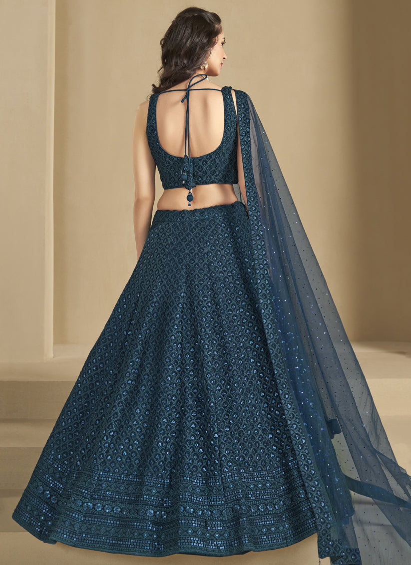 peacock blue sequins georgette embroidered lehenga choli