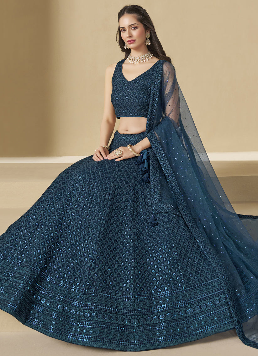 peacock blue sequins georgette embroidered lehenga choli