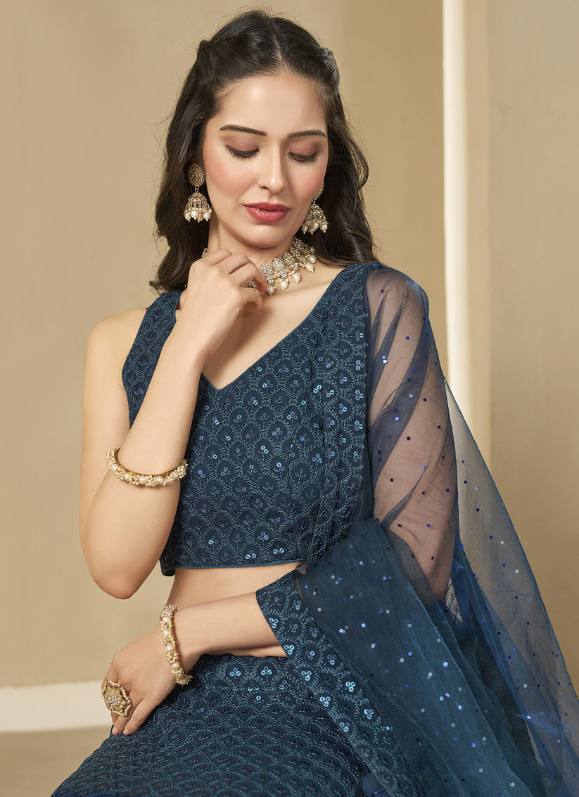 peacock blue sequins georgette embroidered lehenga choli