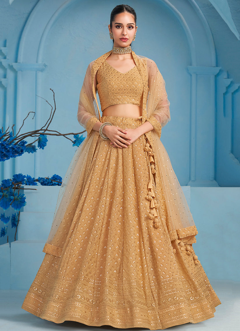 beige embroidered georgette lehenga choli for wedding