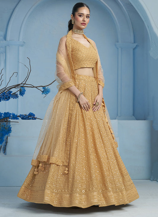 beige embroidered georgette lehenga choli for wedding