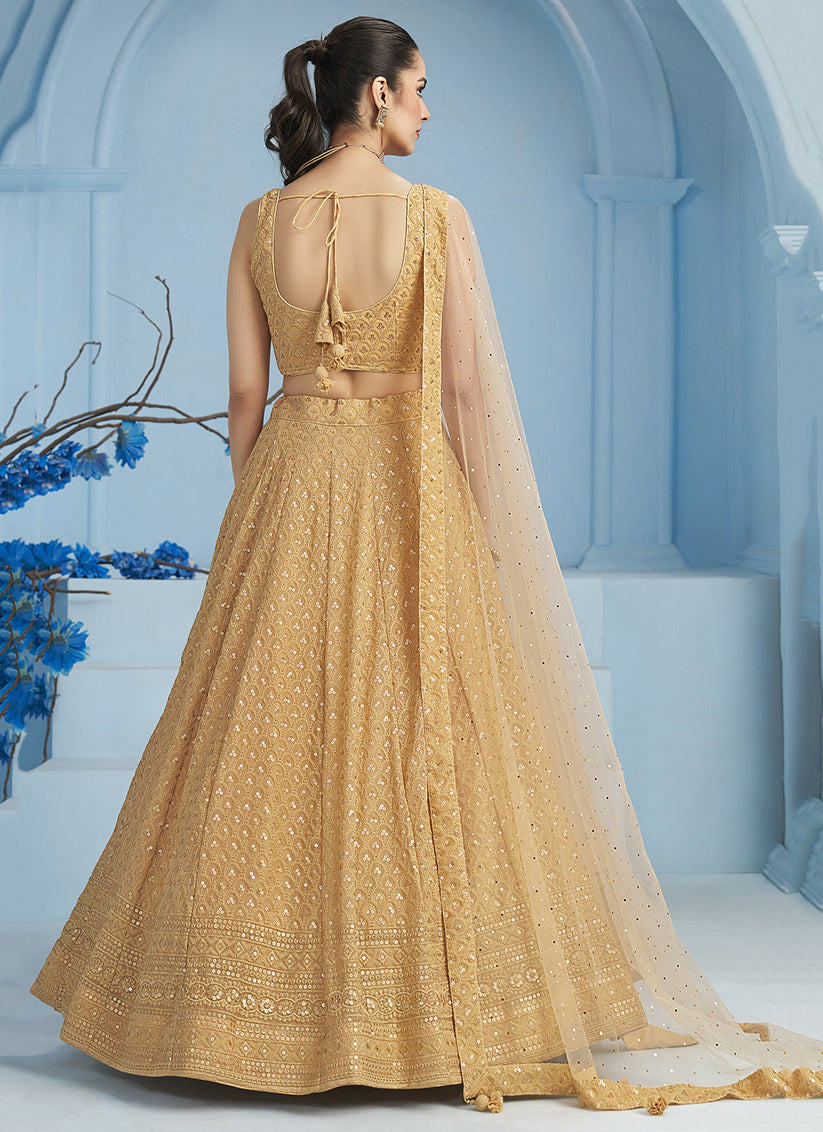 beige embroidered georgette lehenga choli for wedding