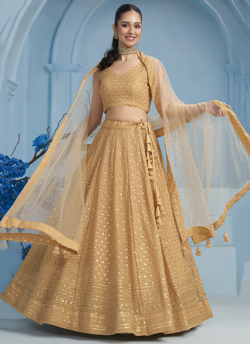 beige embroidered georgette lehenga choli for wedding