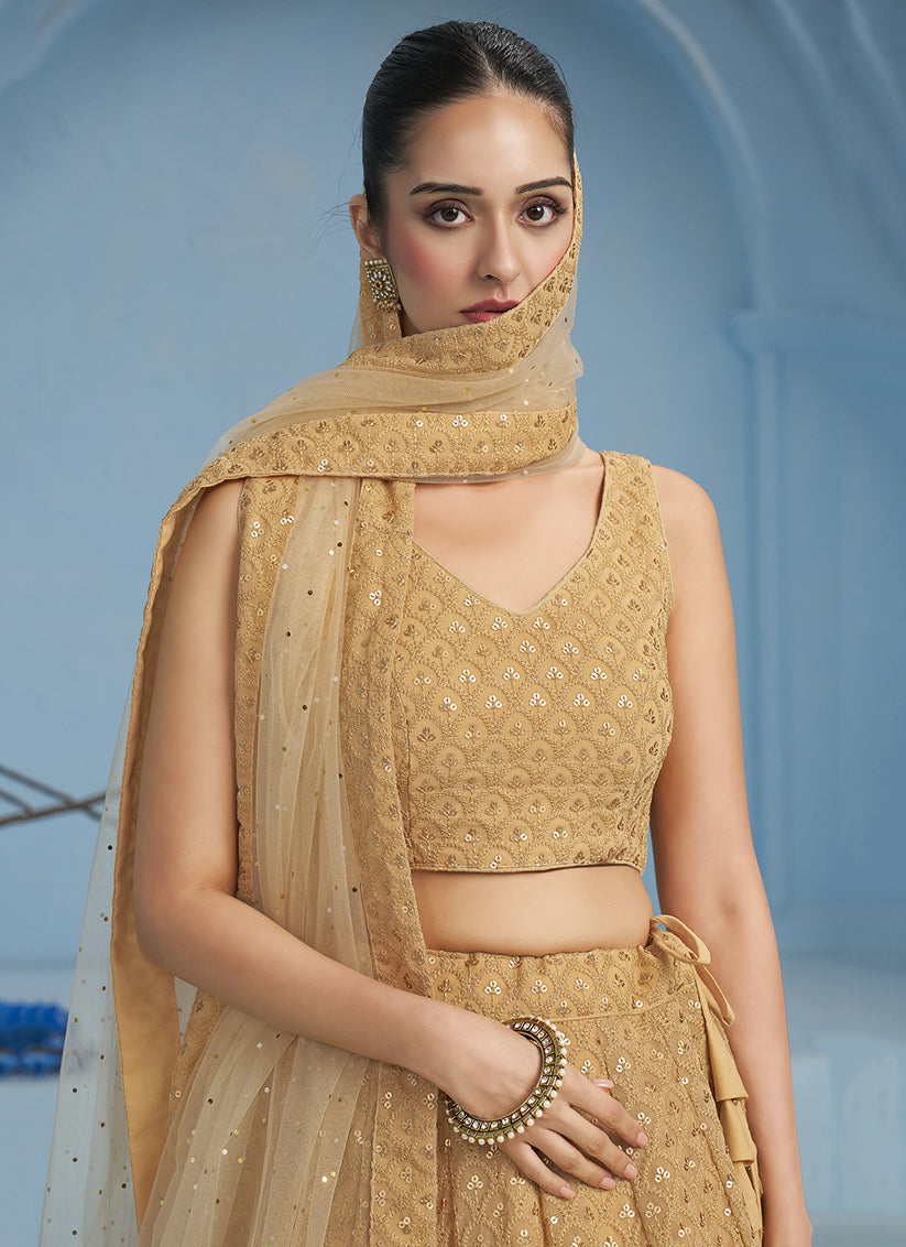 beige embroidered georgette lehenga choli for wedding