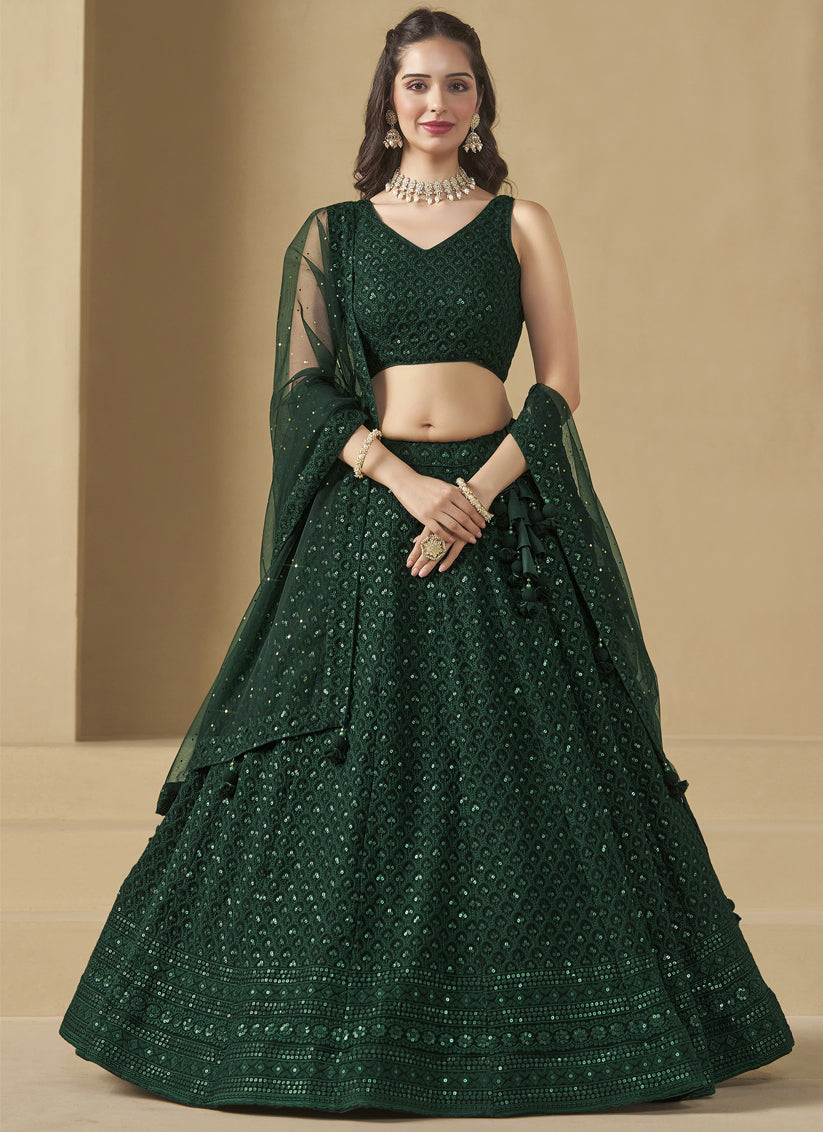 bottle green sequins georgette embroidered lehenga choli