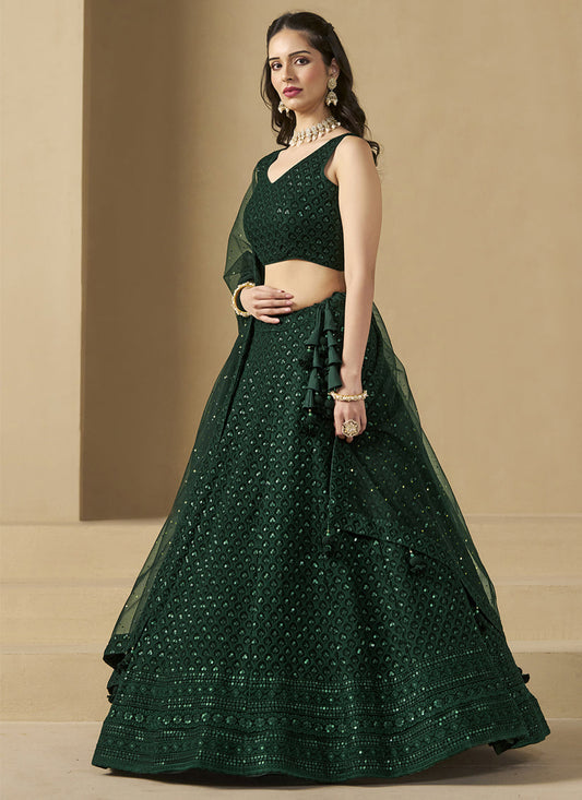 bottle green sequins georgette embroidered lehenga choli