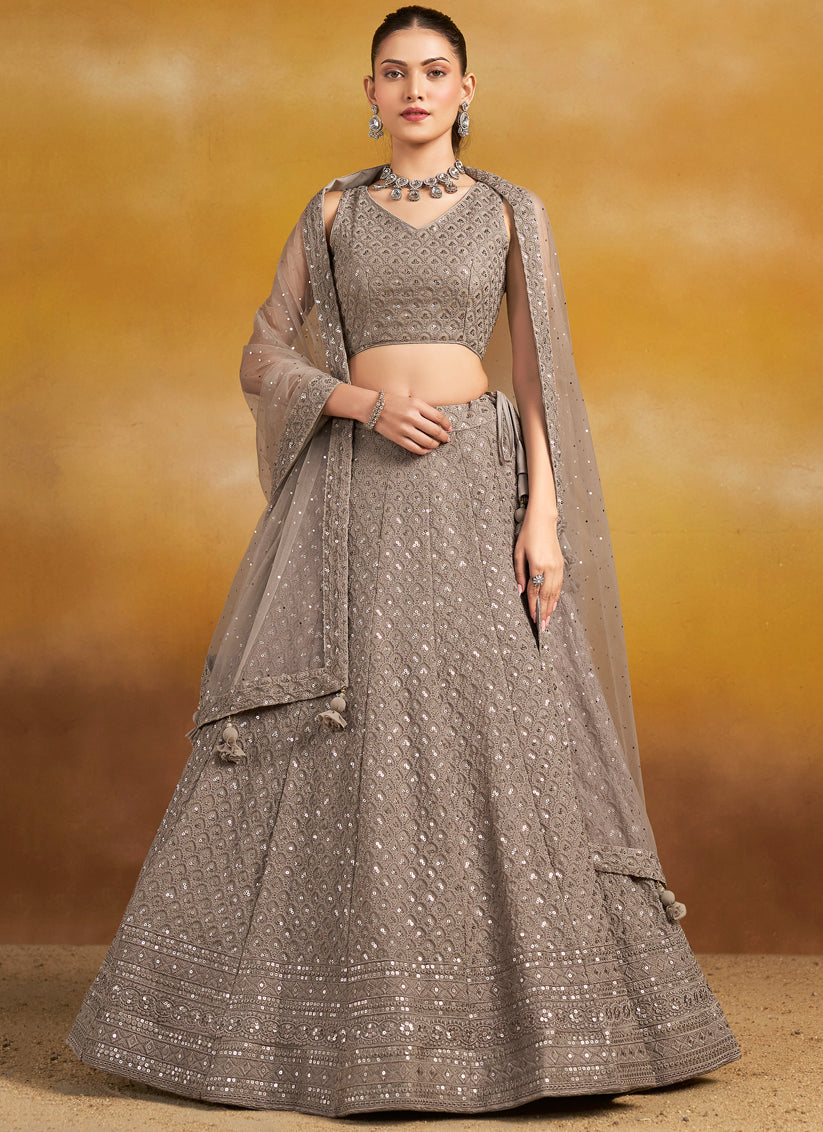 dusty grey georgette embroidered lehenga choli for wedding