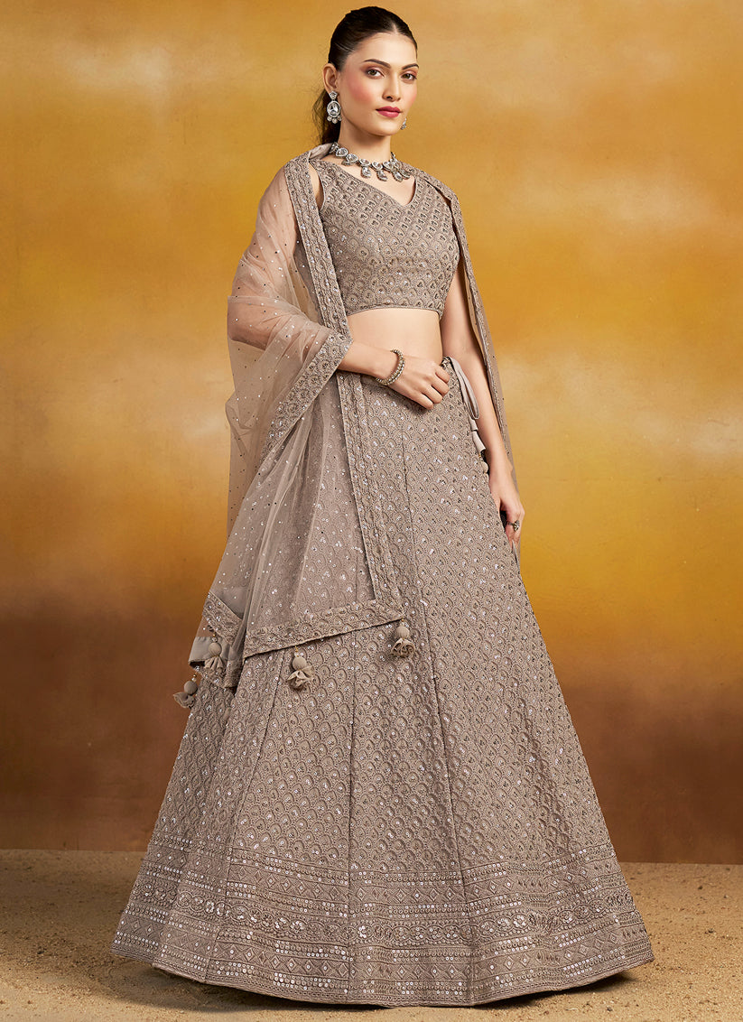 dusty grey georgette embroidered lehenga choli for wedding