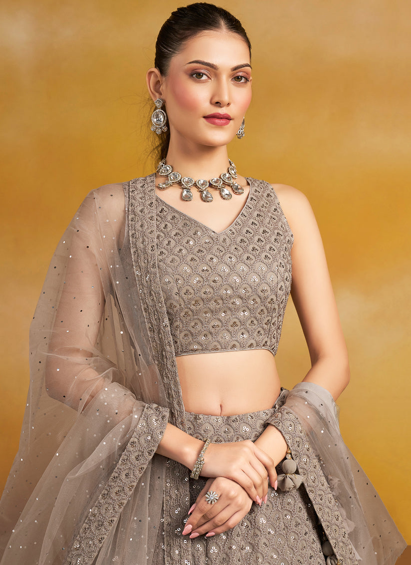 dusty grey georgette embroidered lehenga choli for wedding