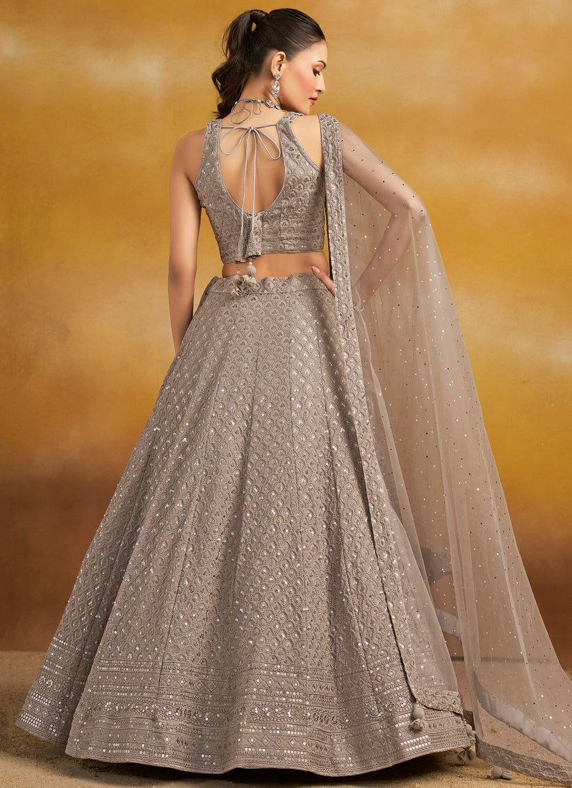 dusty grey georgette embroidered lehenga choli for wedding