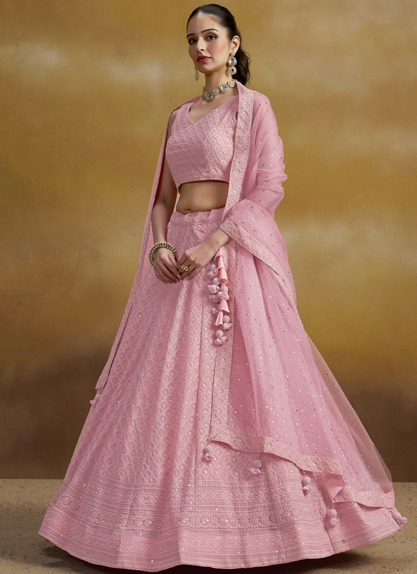 carnation pink georgette embroidered lehenga choli for wedding