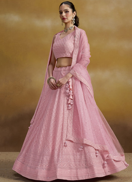 carnation pink georgette embroidered lehenga choli for wedding
