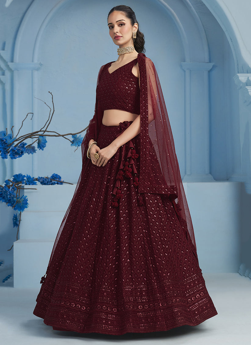 maroon embroidered georgette lehenga choli for wedding