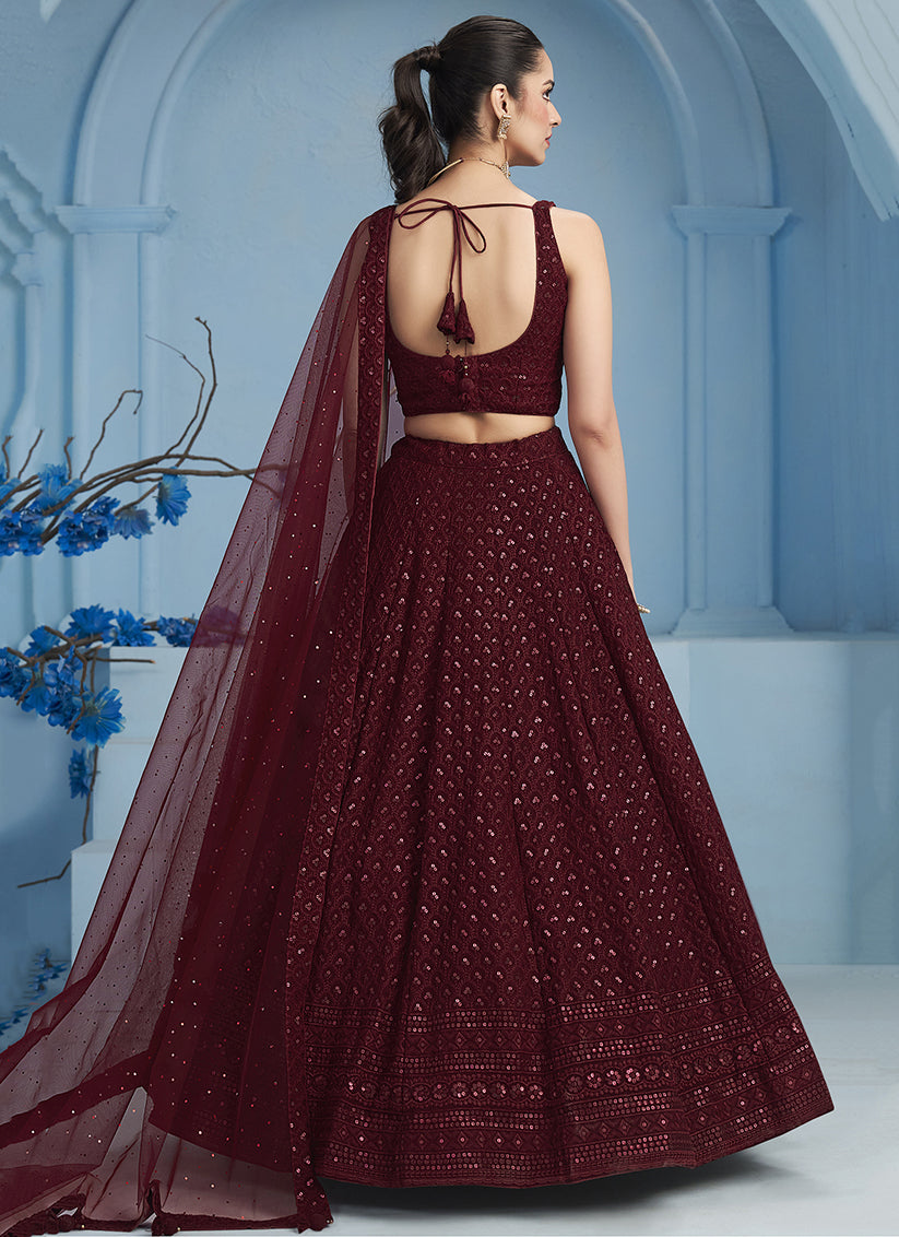 maroon embroidered georgette lehenga choli for wedding