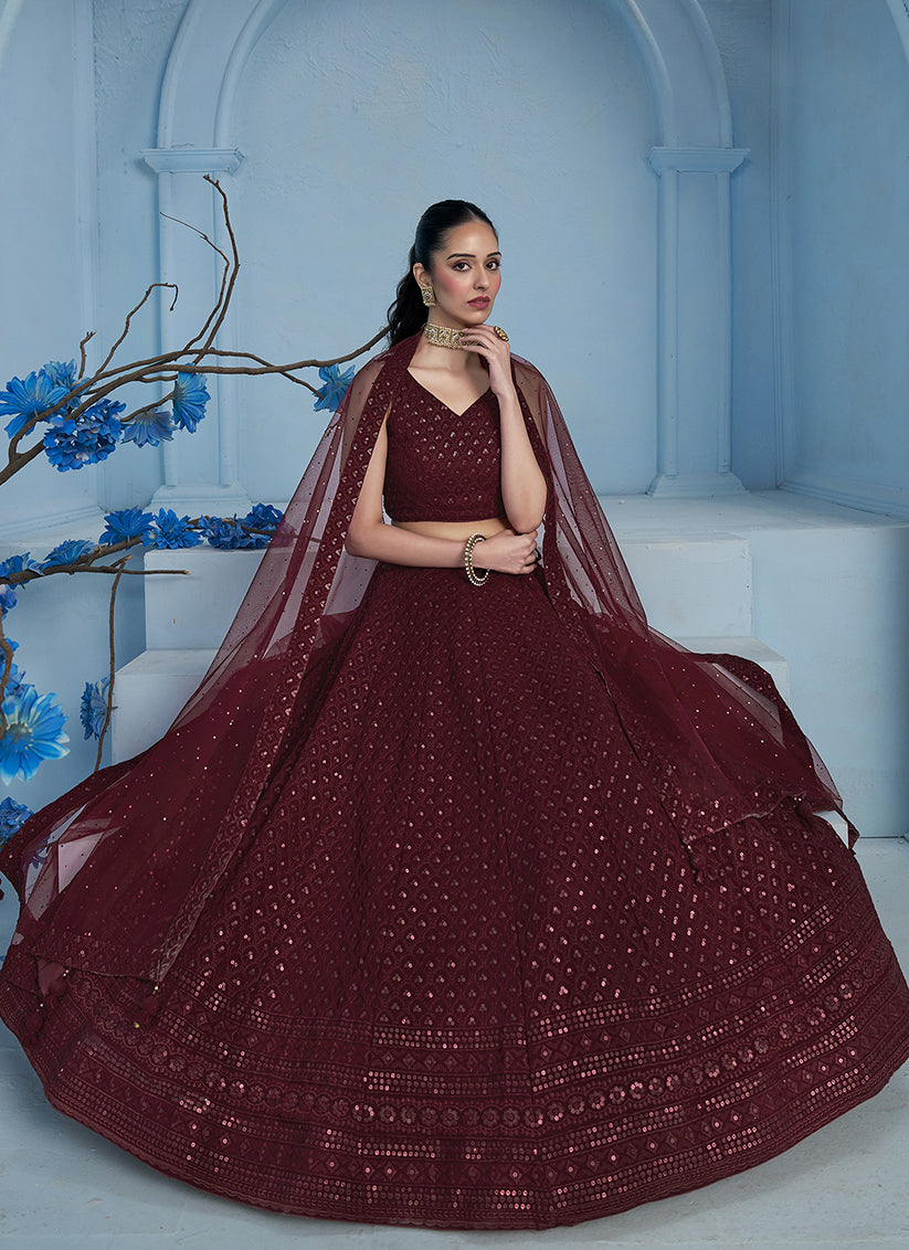 maroon embroidered georgette lehenga choli for wedding