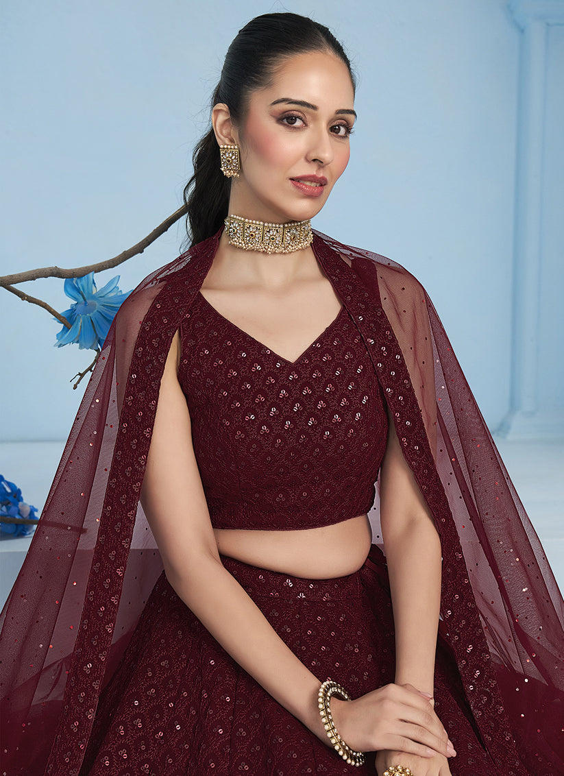 maroon embroidered georgette lehenga choli for wedding