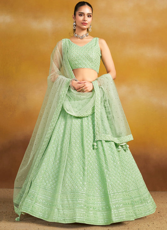 mint green georgette embroidered lehenga choli for wedding