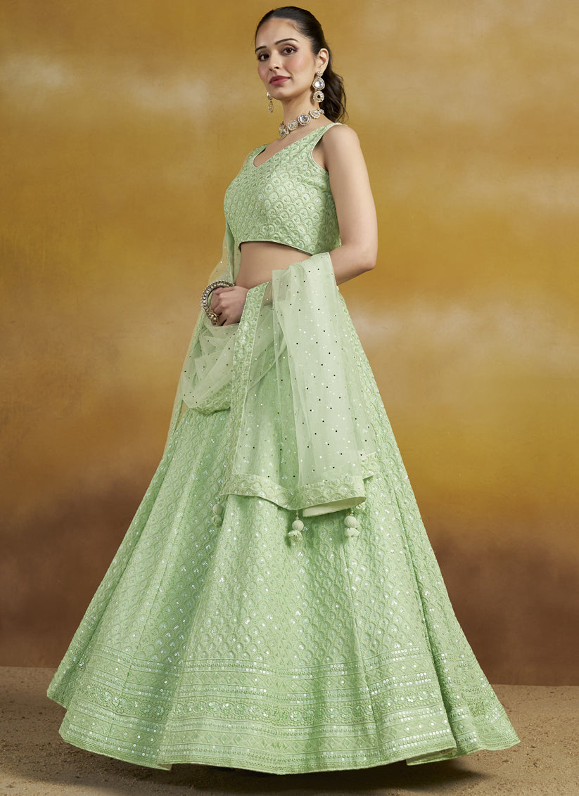 mint green georgette embroidered lehenga choli for wedding
