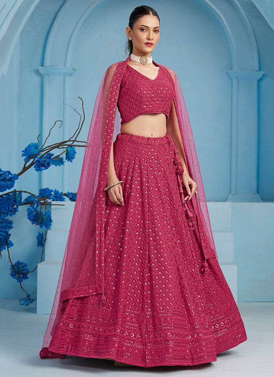 rani pink embroidered georgette lehenga choli for wedding
