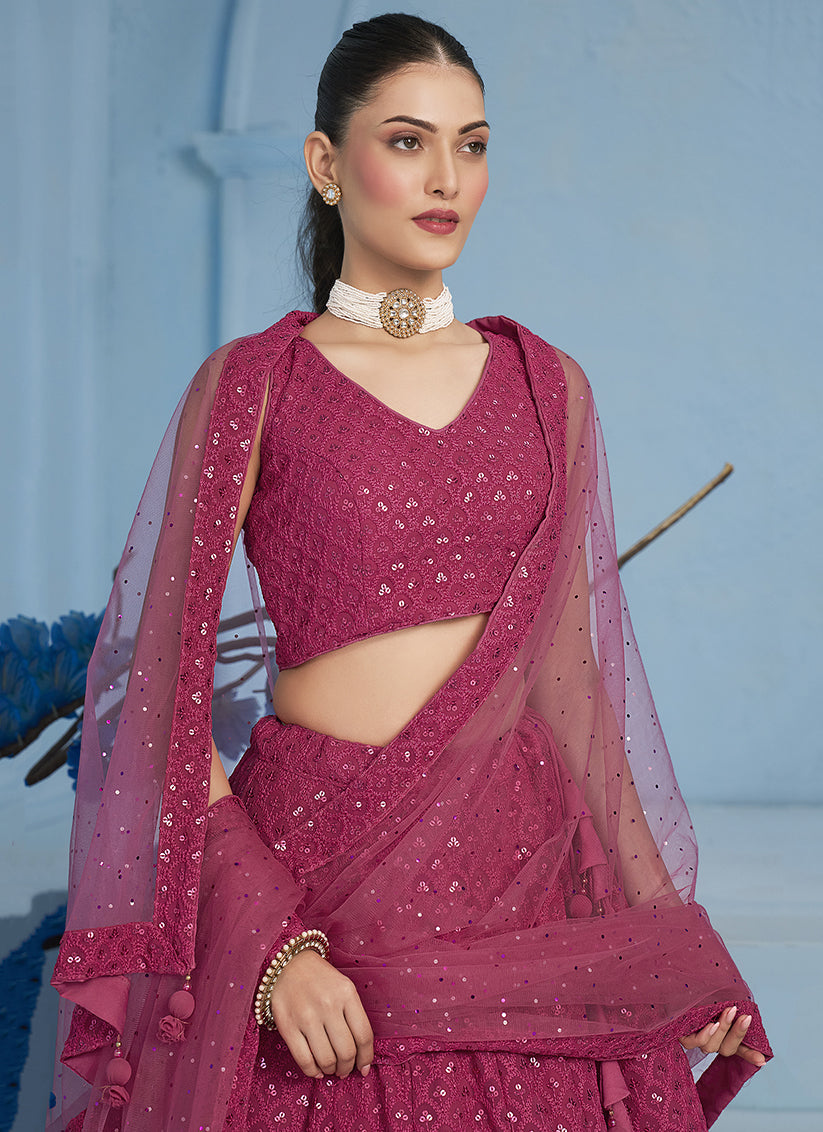 rani pink embroidered georgette lehenga choli for wedding
