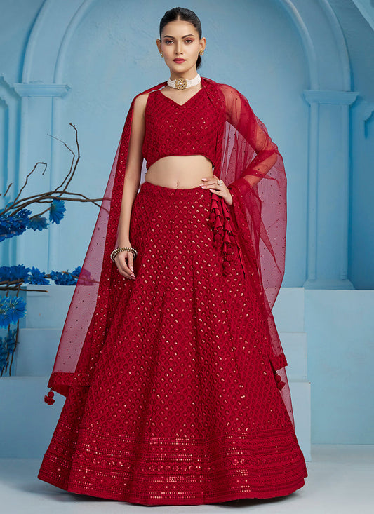 red embroidered georgette lehenga choli for wedding