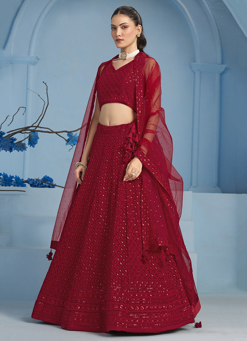red embroidered georgette lehenga choli for wedding