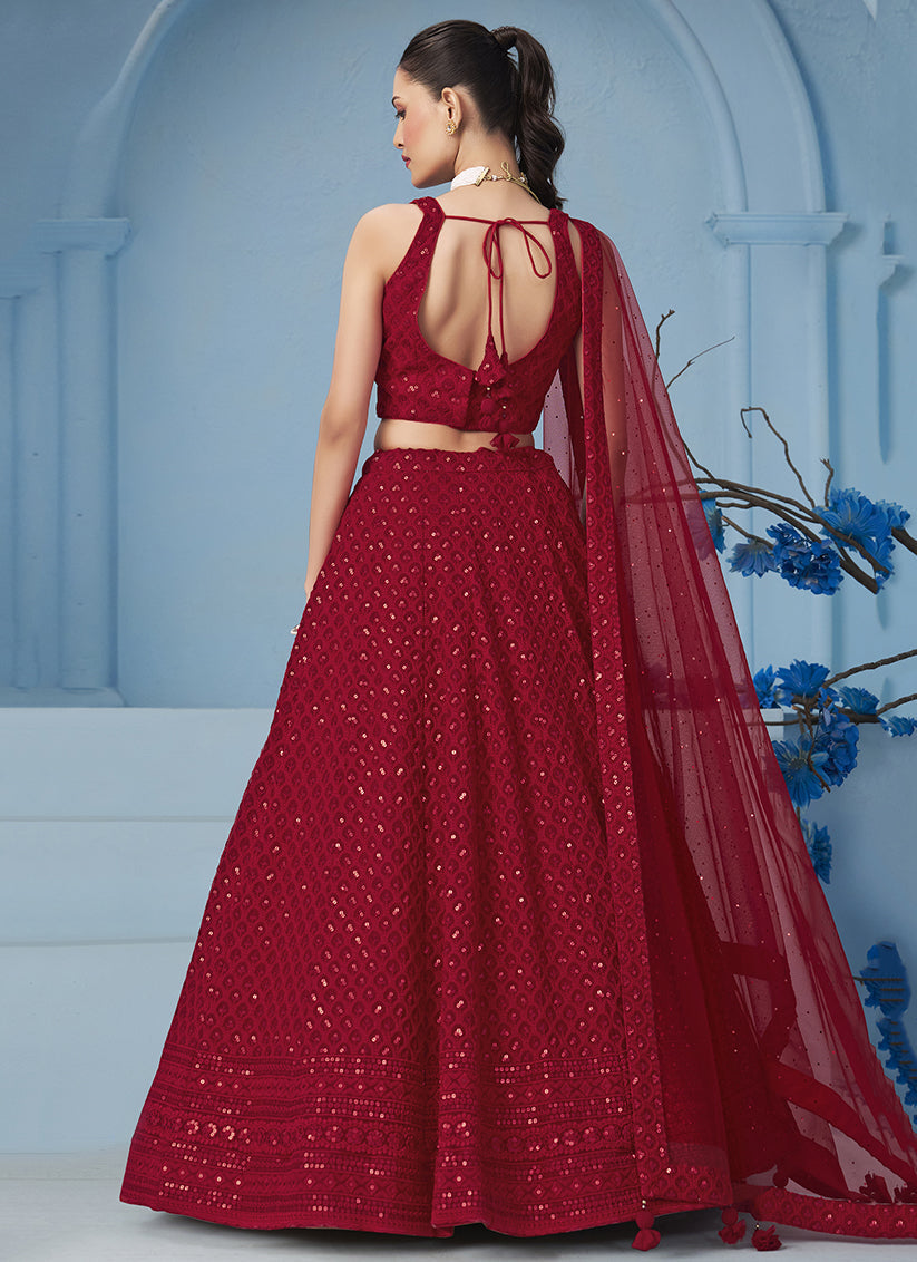 red embroidered georgette lehenga choli for wedding