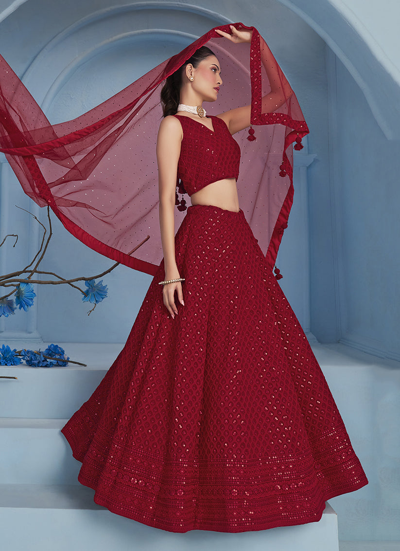 red embroidered georgette lehenga choli for wedding