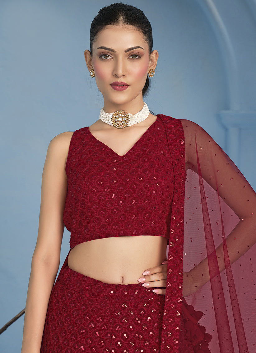 red embroidered georgette lehenga choli for wedding