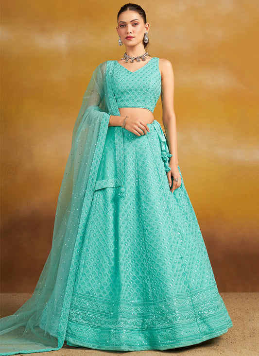 aqua blue georgette embroidered lehenga choli for wedding