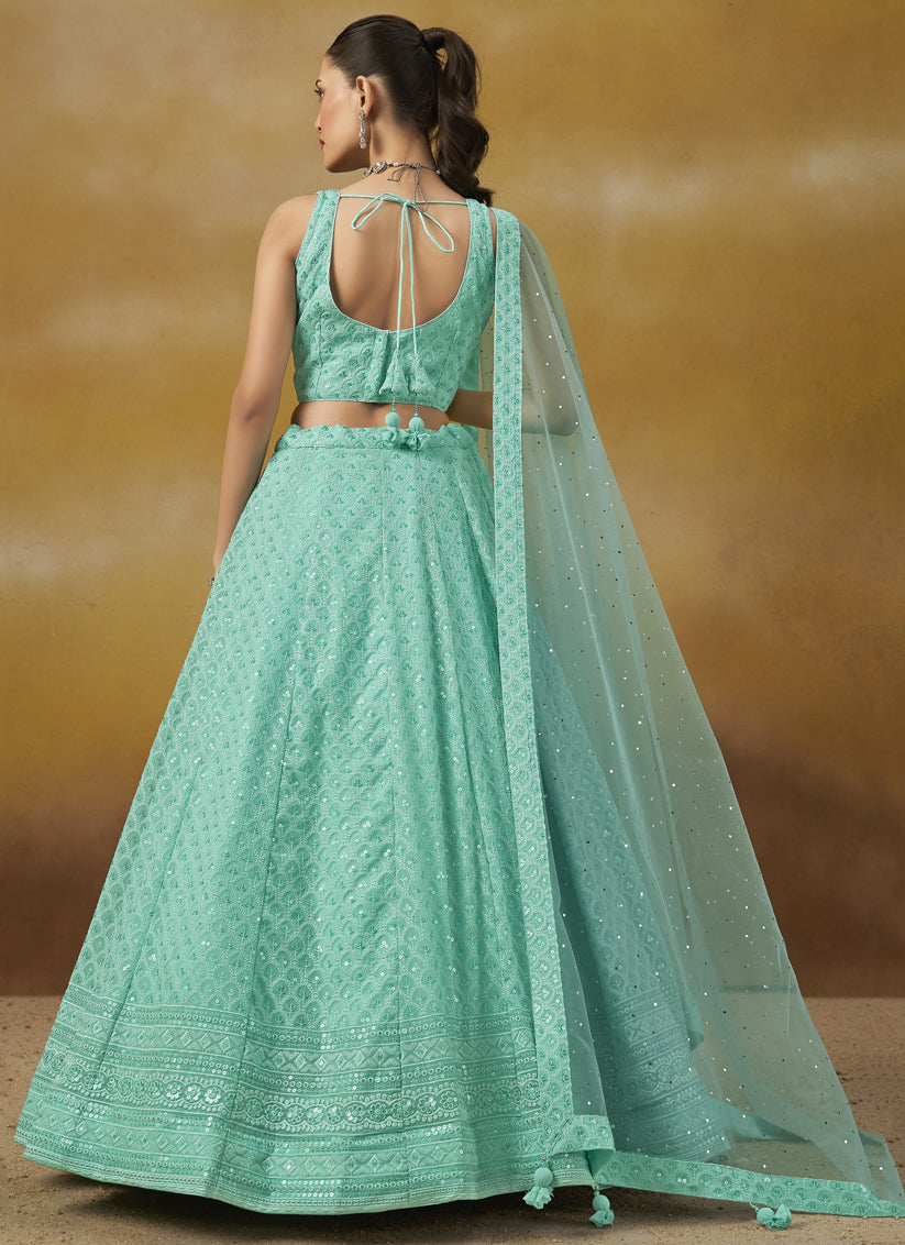 aqua blue georgette embroidered lehenga choli for wedding