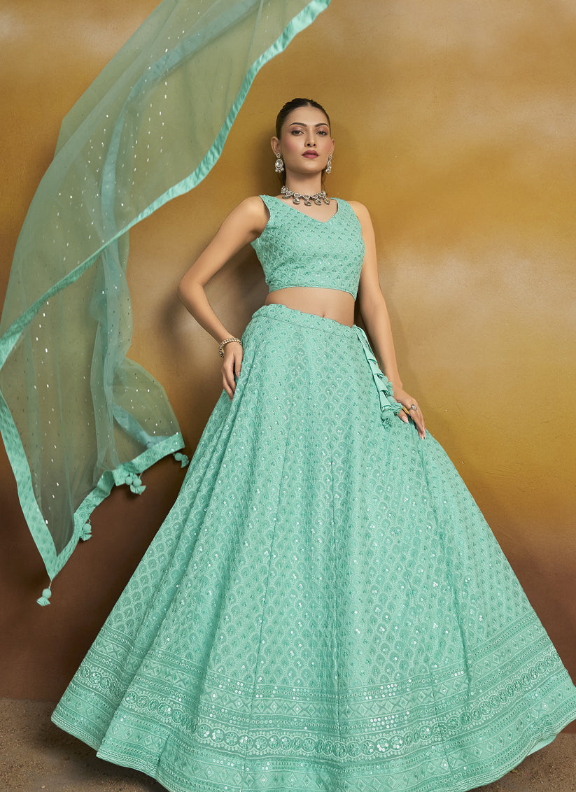 aqua blue georgette embroidered lehenga choli for wedding