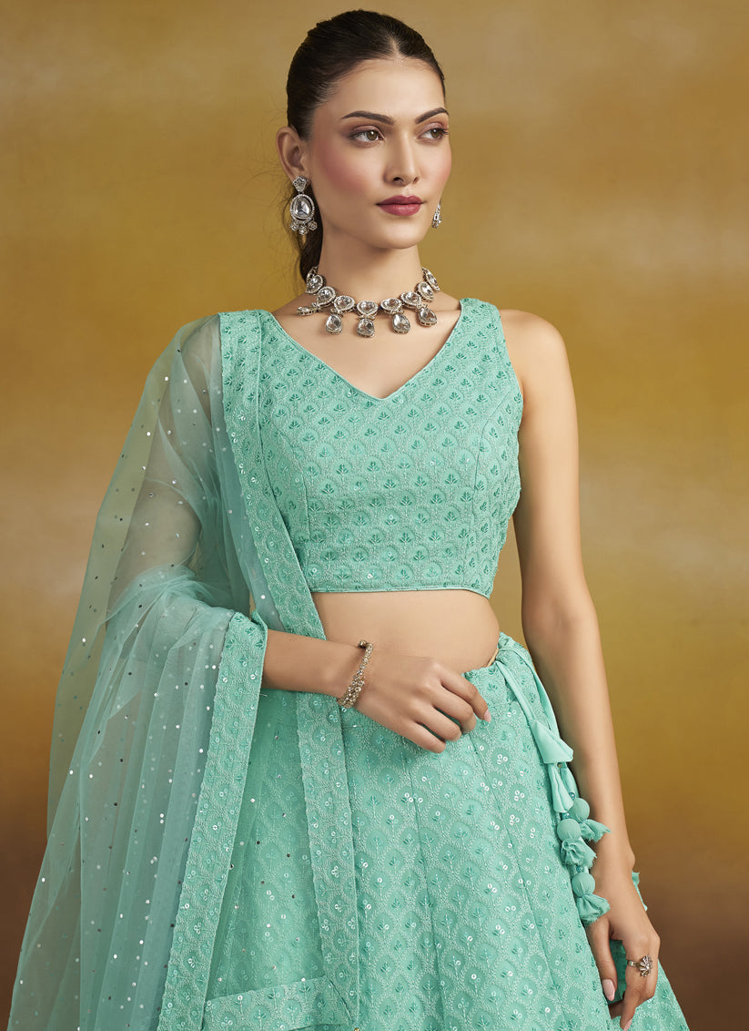 aqua blue georgette embroidered lehenga choli for wedding