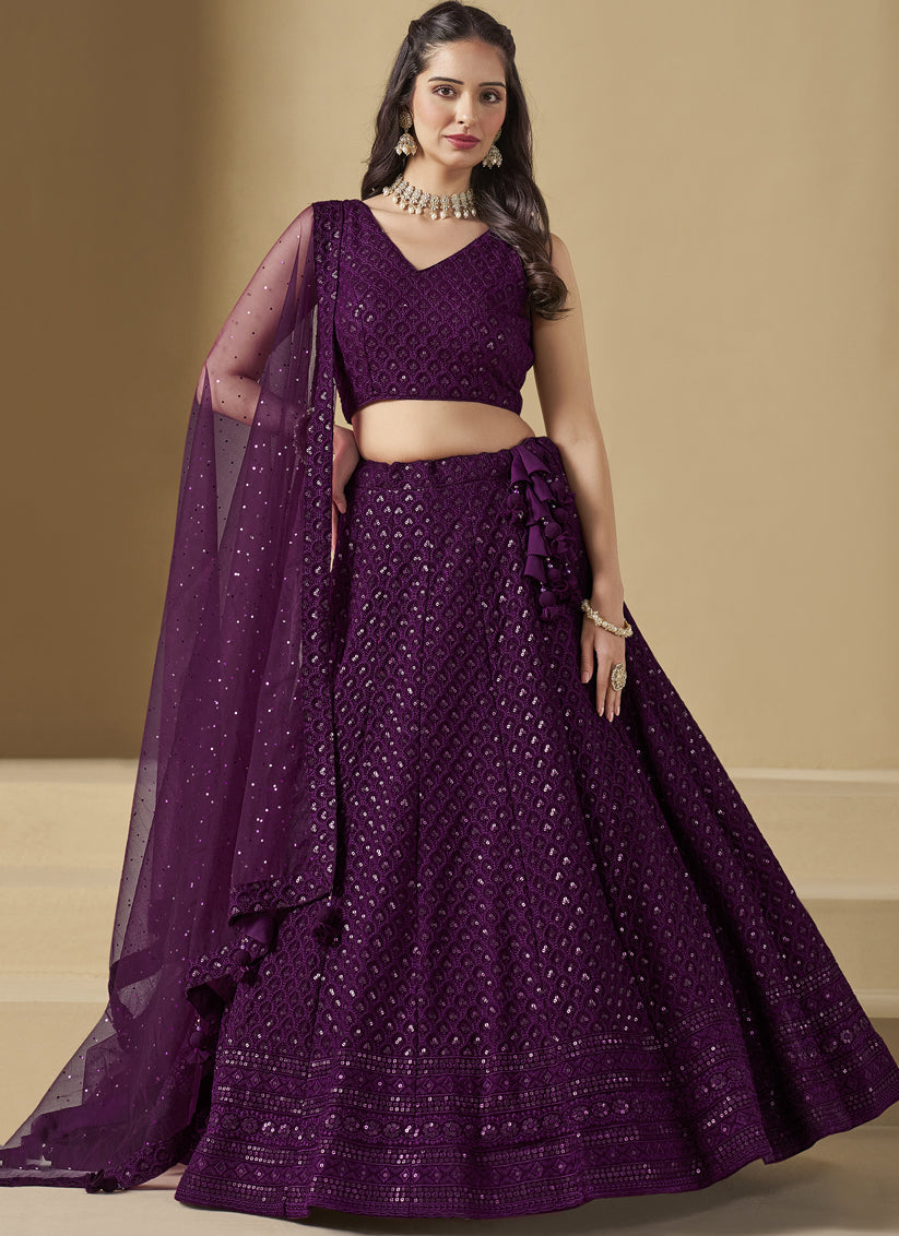 wine sequins georgette embroidered lehenga choli