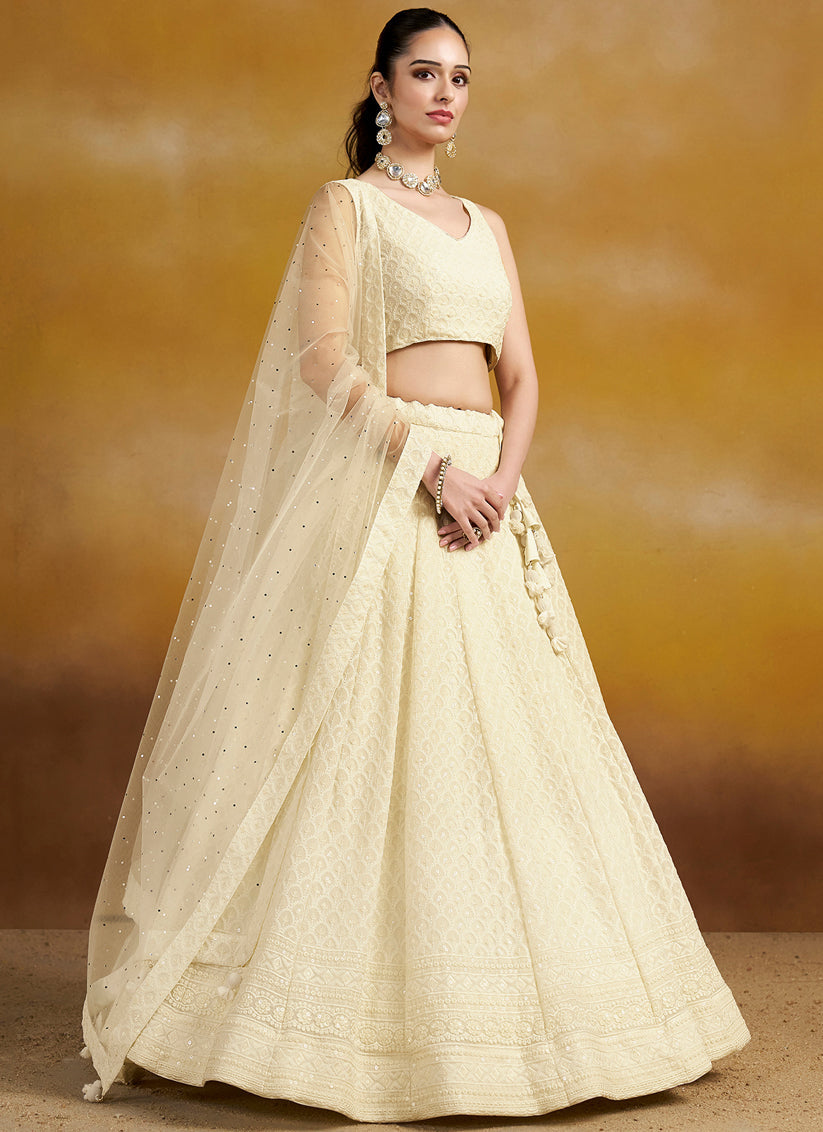 off white georgette embroidered lehenga choli for wedding