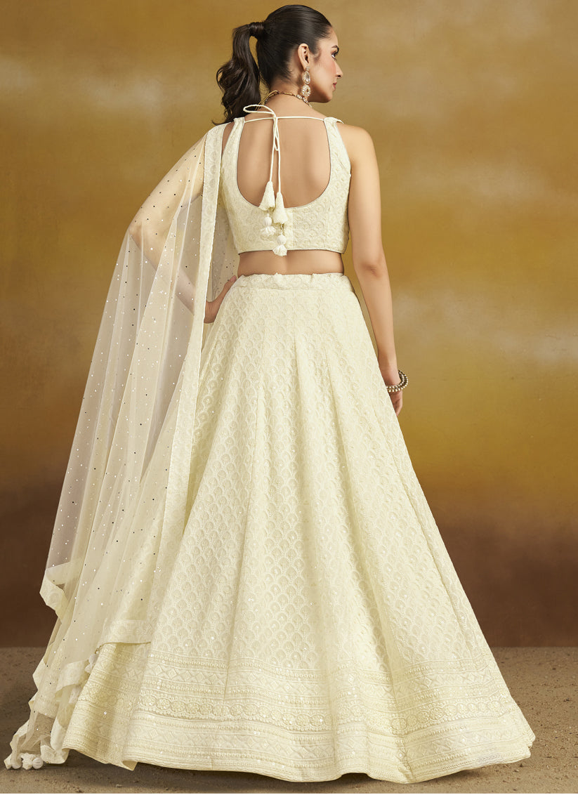 off white georgette embroidered lehenga choli for wedding