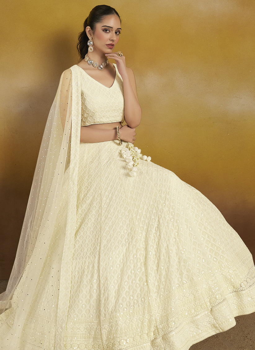 off white georgette embroidered lehenga choli for wedding