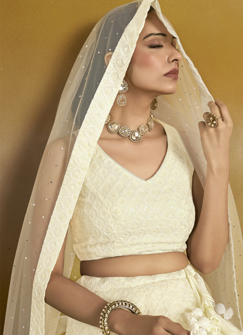 off white georgette embroidered lehenga choli for wedding