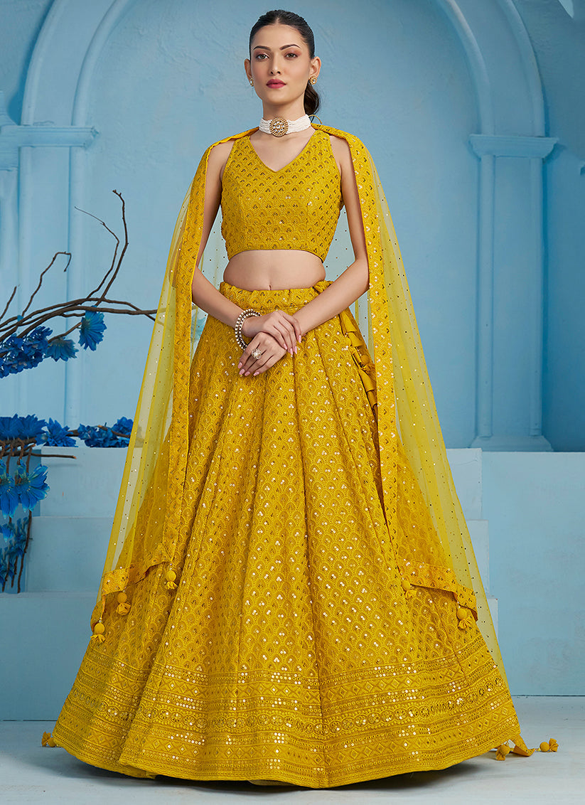 mustard yellow embroidered georgette lehenga choli for wedding