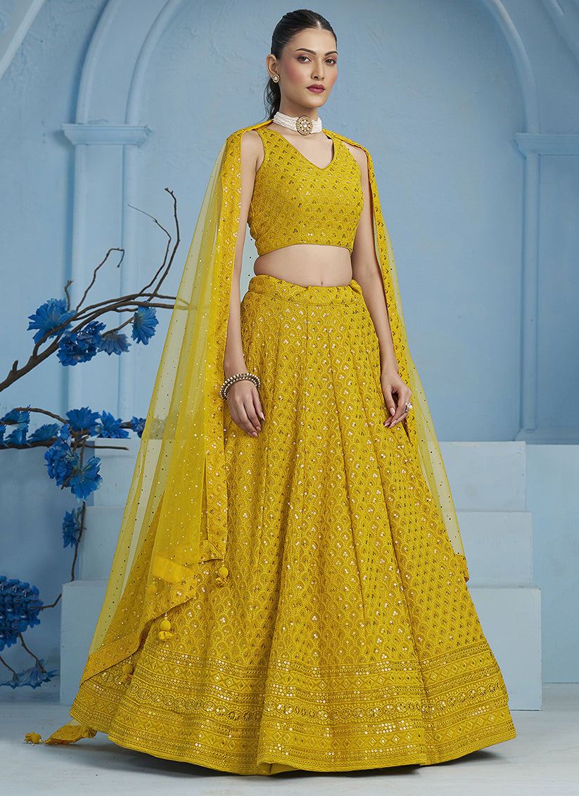 mustard yellow embroidered georgette lehenga choli for wedding