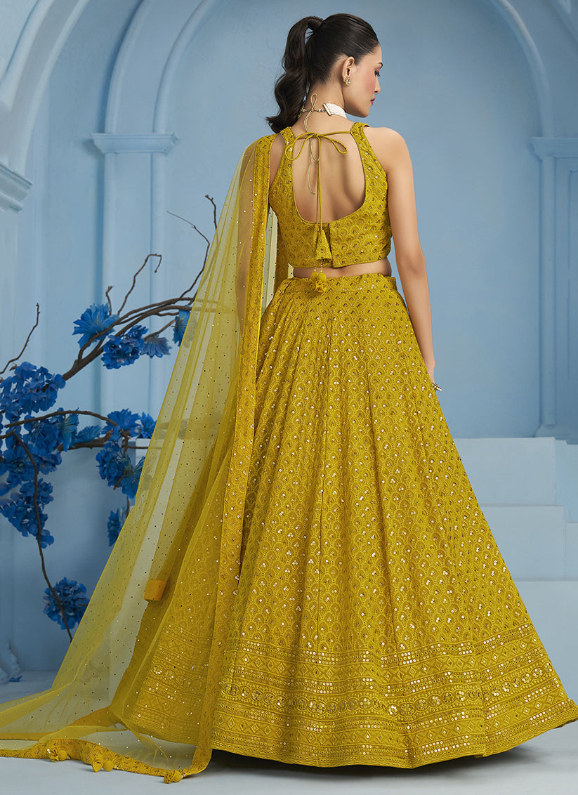 mustard yellow embroidered georgette lehenga choli for wedding