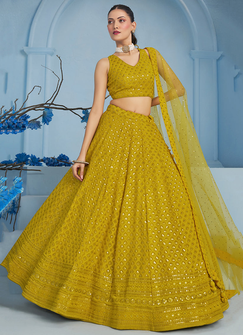mustard yellow embroidered georgette lehenga choli for wedding