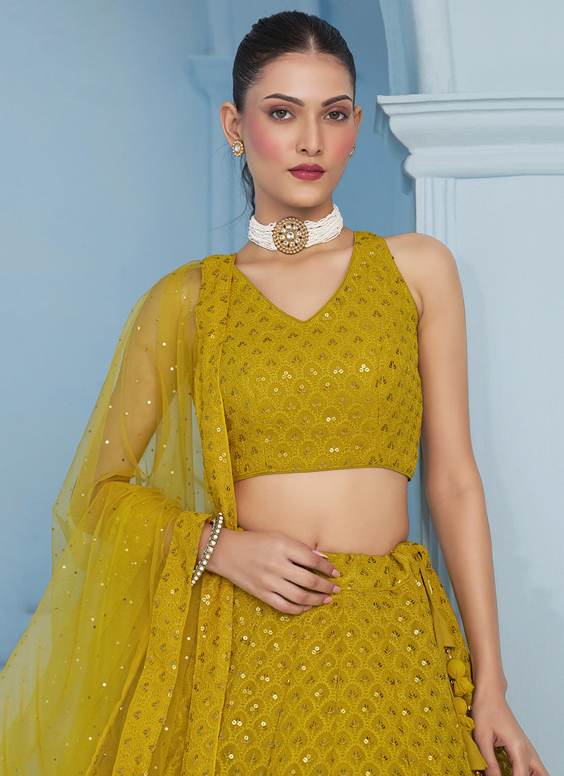 mustard yellow embroidered georgette lehenga choli for wedding